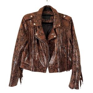 BlankNYC Vegan Leather Snake Skin Print Fringe Sleeves Moto Jacket size M